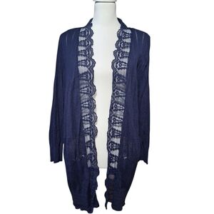 Cato XL Navy Blue Mixes Knit Lace Trim Cardigan Sweater Nautical Beach Coastal